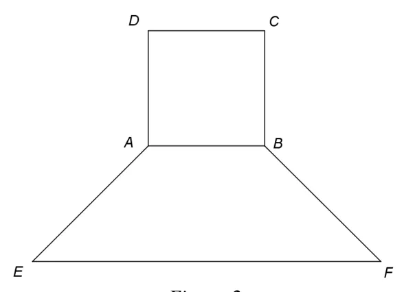 Figura 2: pătratul ABCD deasupra și trapezul isoscel AEFB dedesubt, cu baza mare EF.
