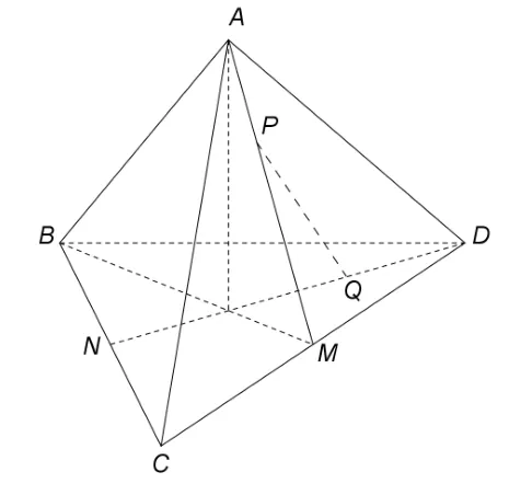Figura 3: tetraedrul regulat ABCD; M mijlocul lui CD, N mijlocul lui BC; P pe AM și Q pe DN, segmentul PQ trasat.