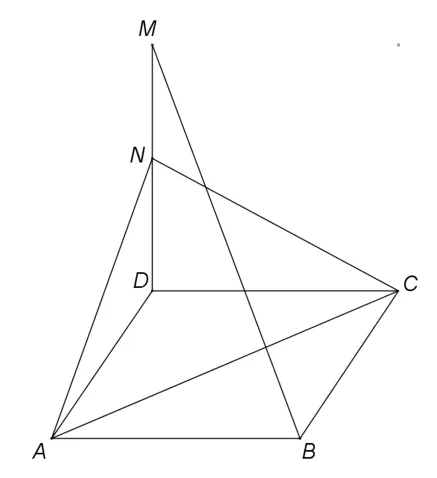 Figura 3: dreptunghiul ABCD cu perpendiculara DM pe plan și N mijlocul lui DM; sunt trasate BM, NC, NA și AC.