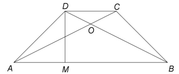 Figura 2: trapezul isoscel ABCD cu diagonalele care se intersectează în O și înălțimea DM.