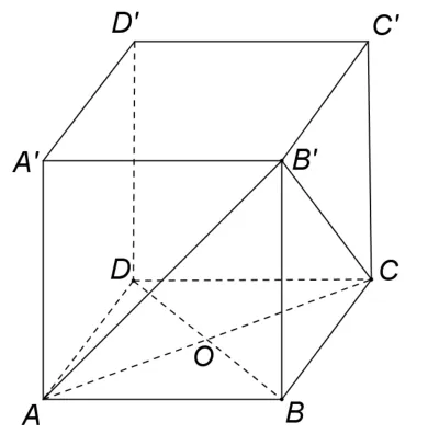 Figura 3: cubul ABCDA'B'C'D' cu O centrul bazei; triunghiul AB'C trasat.
