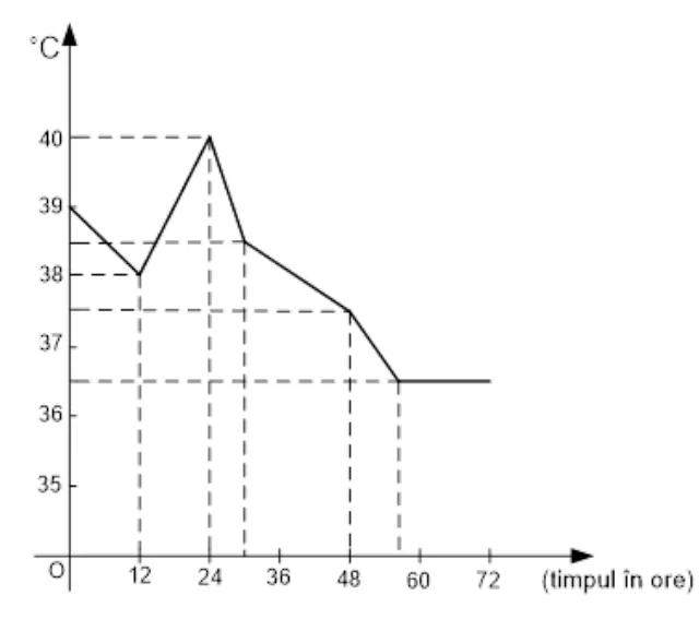 Graficul temperaturii pacientului în timp: curba ajunge la pragul de 37,5 °C la 48 de ore și coboară sub acesta după acel moment; ulterior rămâne la 36,5 °C.