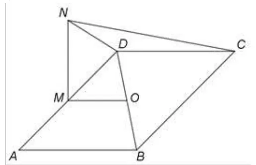 Figura 3: dreptunghiul ABCD, cu centrul O, M mijlocul lui AD și MN perpendiculară pe planul bazei; sunt trasate NA și NC.