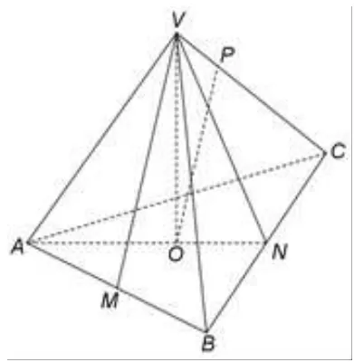 Figura 3: piramida triunghiulară VABC, cu O centrul bazei echilaterale, M mijlocul lui AB, N mijlocul lui BC și P pe VC; sunt trasate VO, VM, VN și PO.
