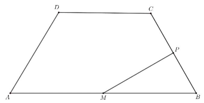 Trapezul isoscel ABCD cu baza mare AB jos; mediatoarea lui BC taie BC în P și AB în M; segmentul DM trasat.