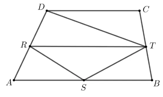 Trapezul ABCD; R, S, T mijloacele lui AD, AB, BC; patrulaterul DRST este trasat.