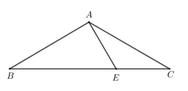 Triunghiul isoscel ABC cu vârful A sus și baza BC; E pe BC și segmentul AE trasat.
