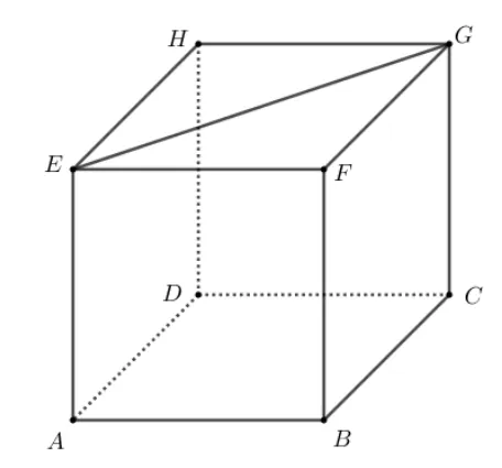 Cubul ABCDEFGH cu diagonala EG a feței de sus trasată.