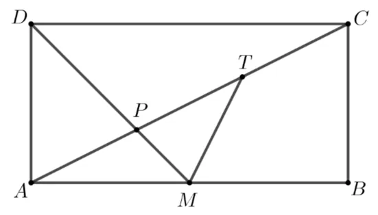 Dreptunghiul ABCD cu M mijlocul laturii AB; diagonala AC și segmentul DM se intersectează în P; T este mijlocul lui CP și segmentul MT este trasat.