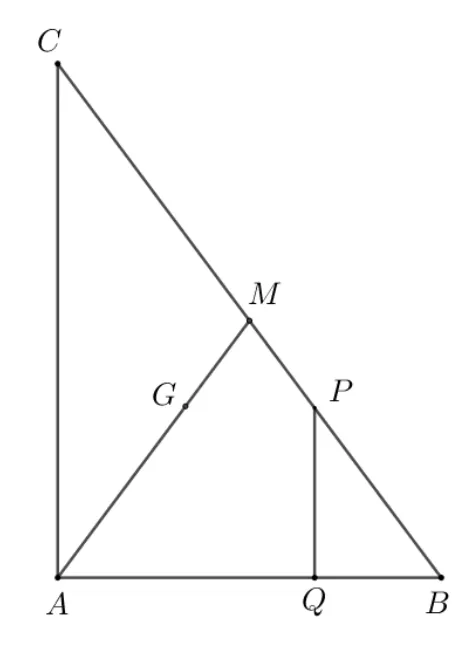 Triunghiul ABC dreptunghic în A; Q pe AB, P pe BC cu QP paralel cu AC; G este centrul de greutate pe mediana AM.